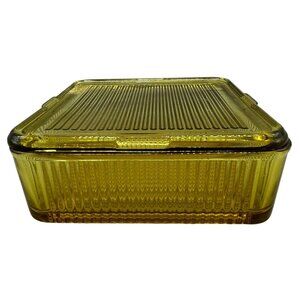 Vintage Square Federal Glass Yellow Ribbed Refrigerator Lidded Box 8.5" READ